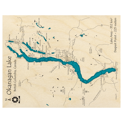 Bathymetric topo map of Okanagan Lake, BC with roads, towns and depths noted in blue water.