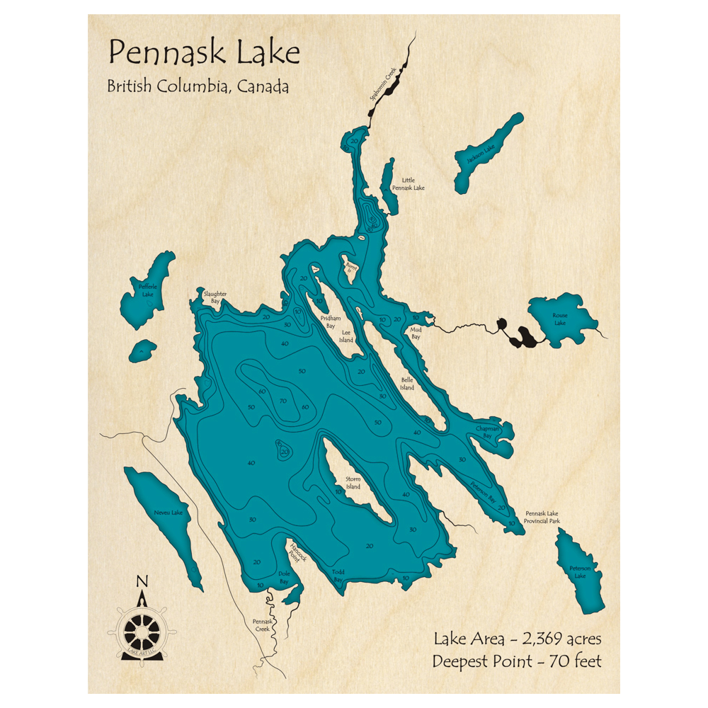 Bathymetric topo map of Pennask Lake, BC with roads, towns and depths noted in blue water.