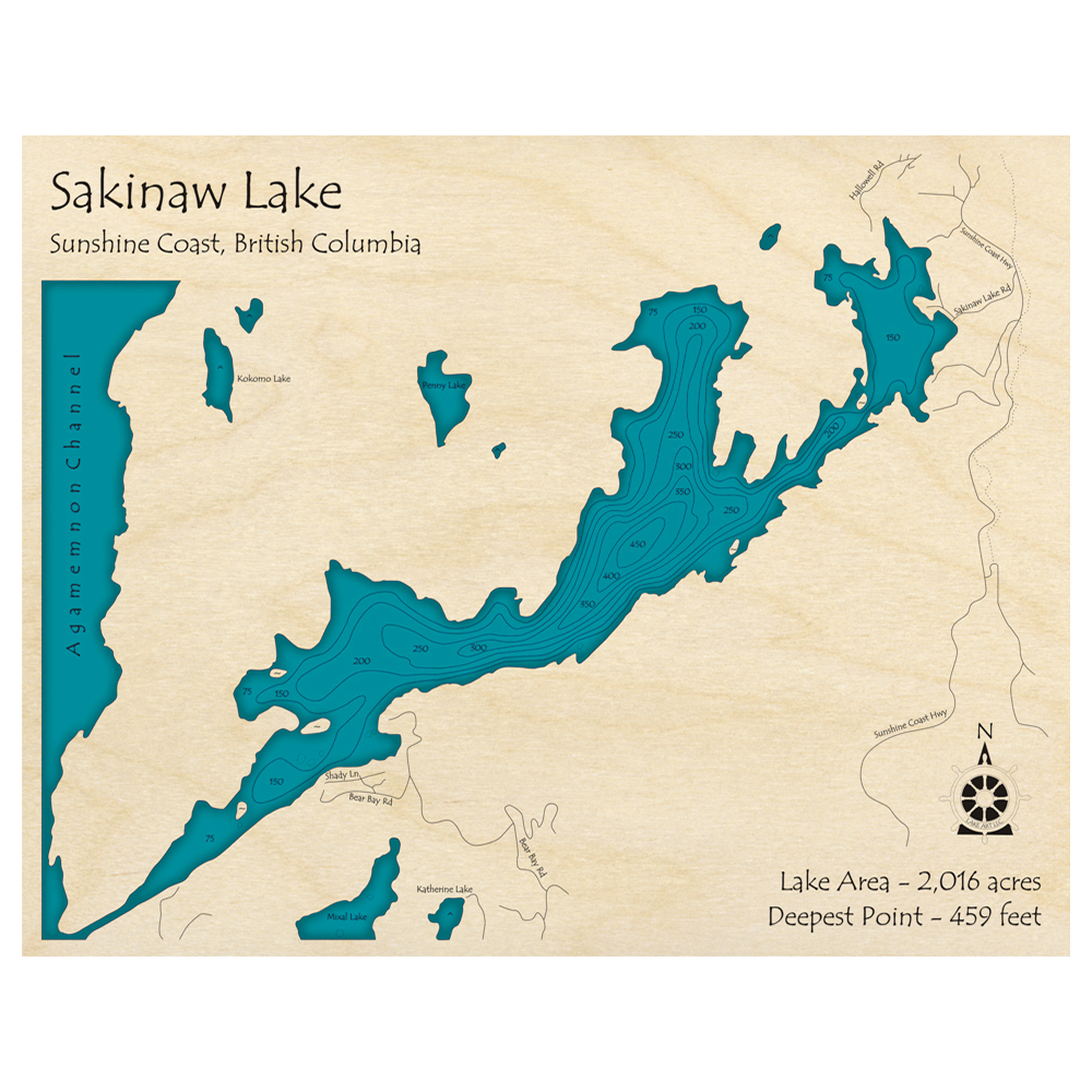 Sakinaw Lake, British Columbia 3D Custom Wood Map – Lake Art LLC