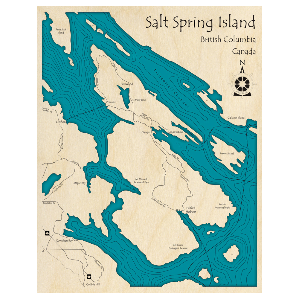 Bathymetric topo map of Salt Springs Island, BC with roads, towns and depths noted in blue water.