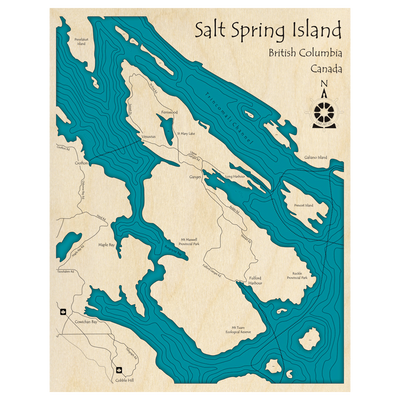 Bathymetric topo map of Salt Springs Island, BC with roads, towns and depths noted in blue water.