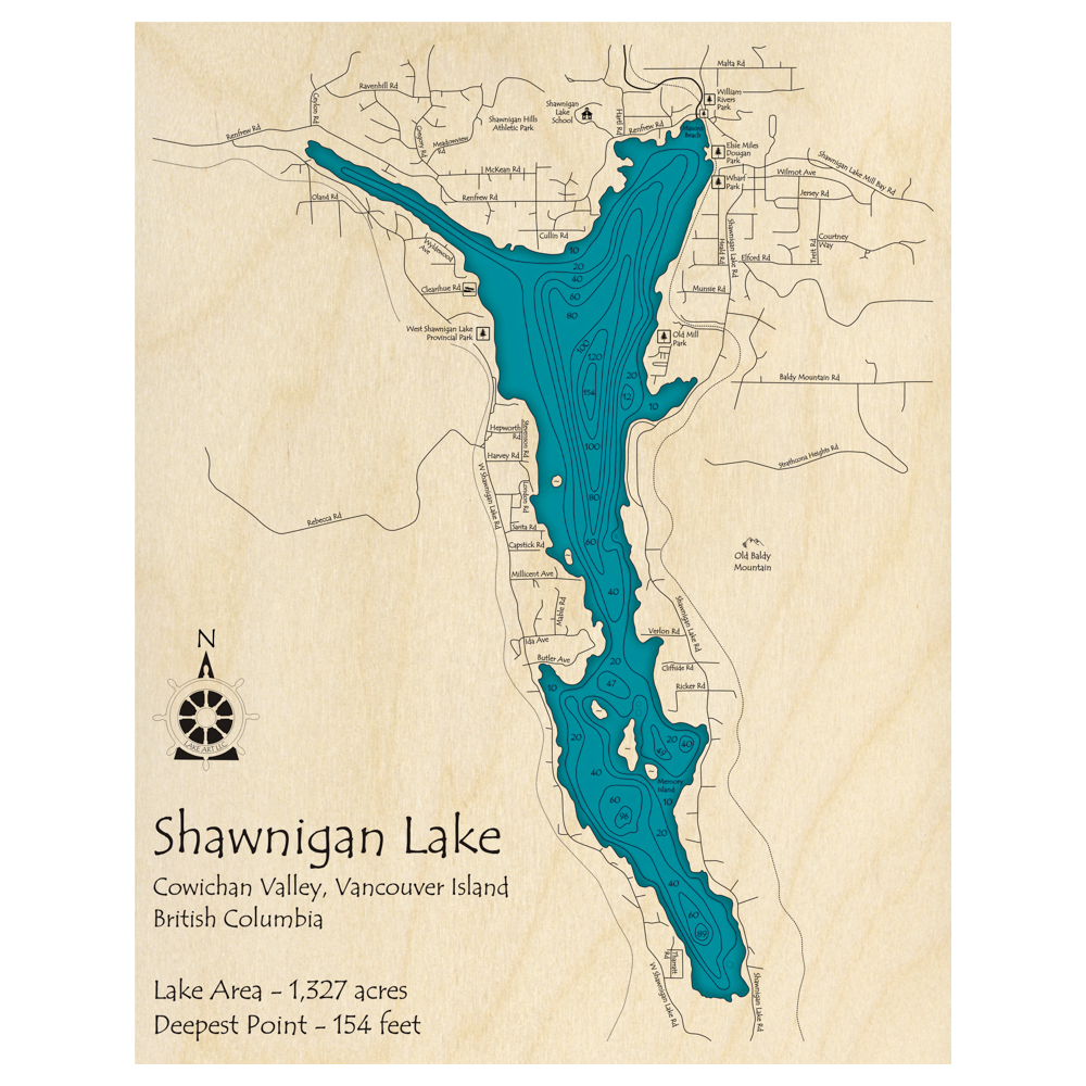 Bathymetric topo map of Shawnigan Lake, BC with roads, towns and depths noted in blue water.
