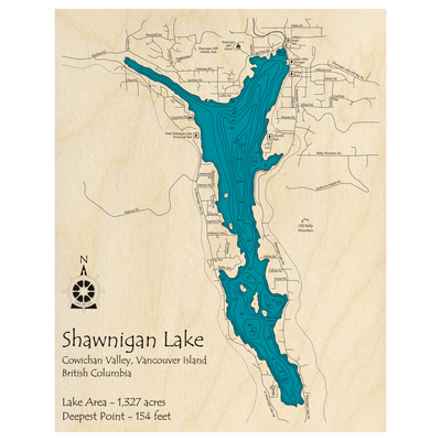 Bathymetric topo map of Shawnigan Lake, BC with roads, towns and depths noted in blue water.