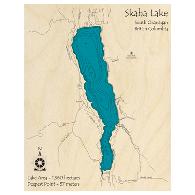 Bathymetric topo map of Skaha Lake, BC with roads, towns and depths noted in blue water.