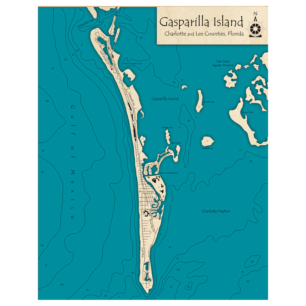 Bathymetric topo map of Gasparilla Island, FL with roads, towns and depths noted in blue water.