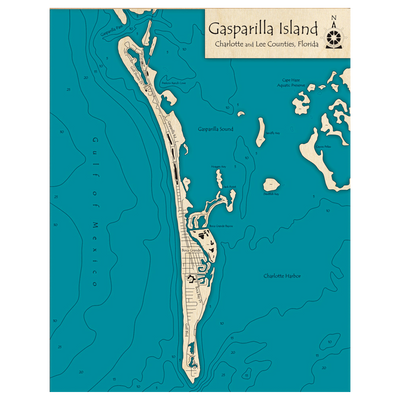 Bathymetric topo map of Gasparilla Island, FL with roads, towns and depths noted in blue water.