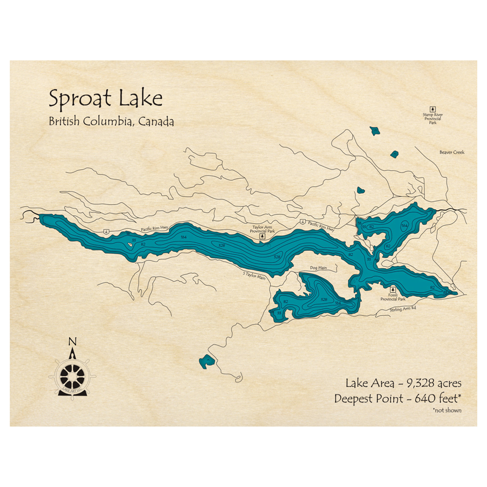 Bathymetric topo map of Sproat Lake, BC with roads, towns and depths noted in blue water.