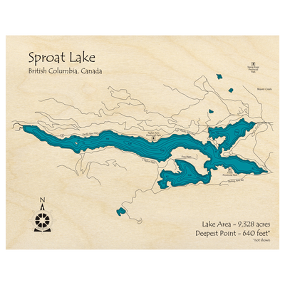 Bathymetric topo map of Sproat Lake, BC with roads, towns and depths noted in blue water.