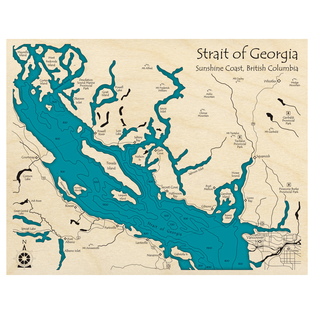 Bathymetric topo map of Strait of Georgia, BC with roads, towns and depths noted in blue water.