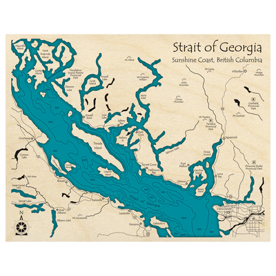 Bathymetric topo map of Strait of Georgia, BC with roads, towns and depths noted in blue water.