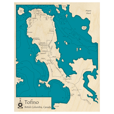 Bathymetric topo map of Tofino, BC with roads, towns and depths noted in blue water.