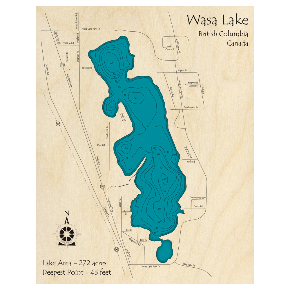 Bathymetric topo map of Wasa Lake, BC with roads, towns and depths noted in blue water.