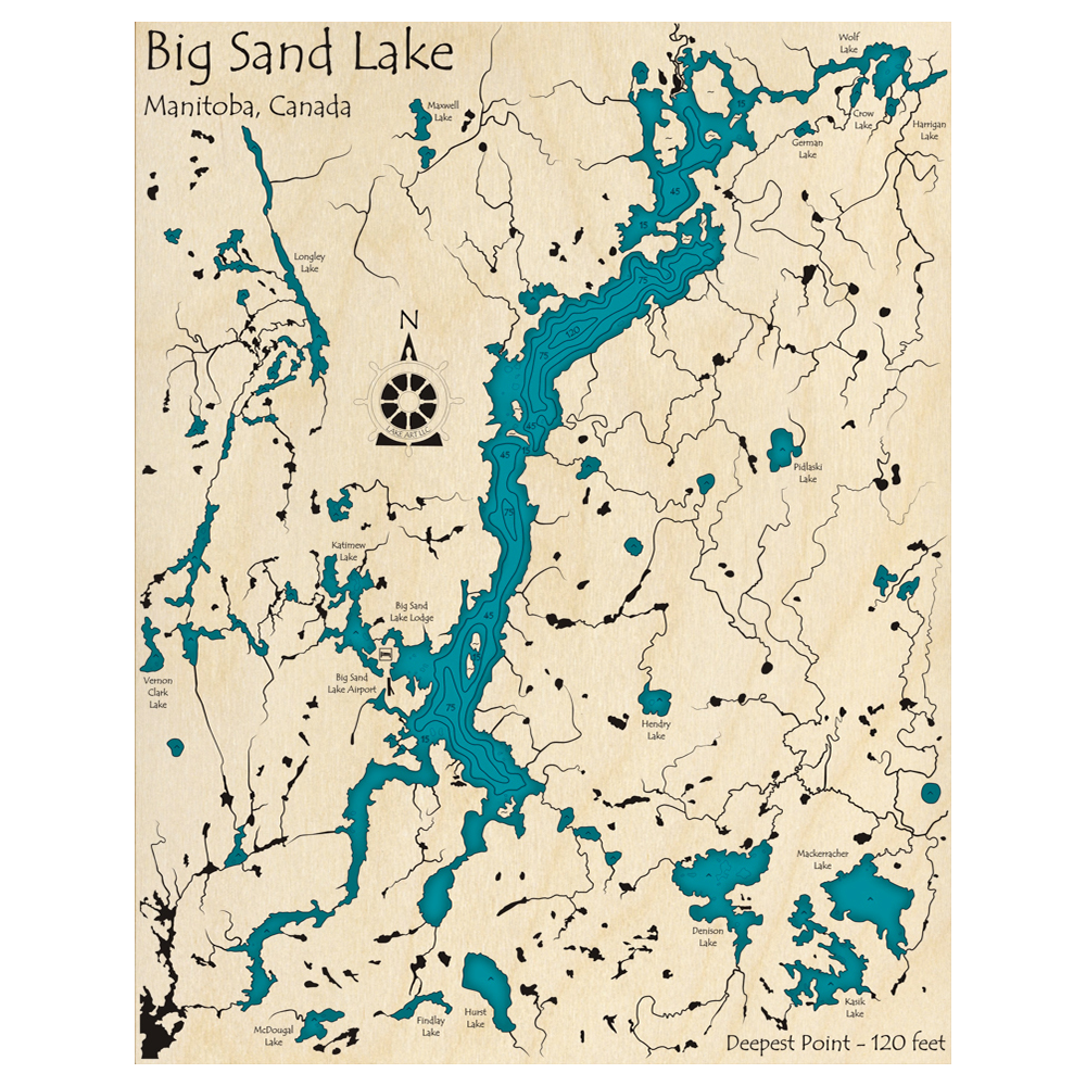 Bathymetric topo map of Big Sand Lake, MB with roads, towns and depths noted in blue water.