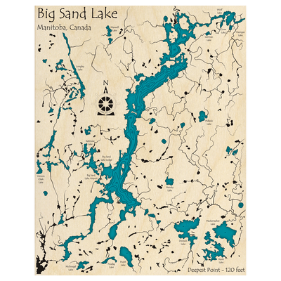 Bathymetric topo map of Big Sand Lake, MB with roads, towns and depths noted in blue water.