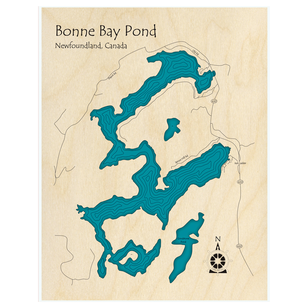 Bathymetric topo map of Bonne Bay, NF with roads, towns and depths noted in blue water.