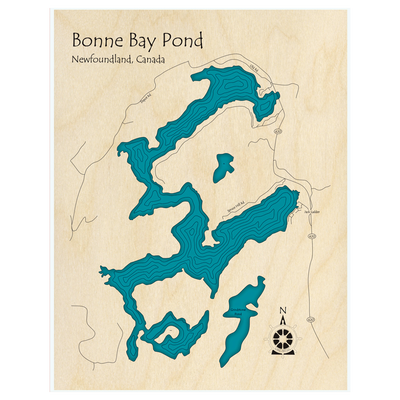 Bathymetric topo map of Bonne Bay, NF with roads, towns and depths noted in blue water.