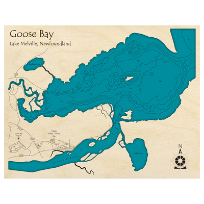 Bathymetric topo map of Goose Bay, NF with roads, towns and depths noted in blue water.