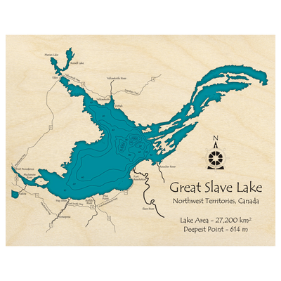 Bathymetric topo map of Great Slave Lake, NWT with roads, towns and depths noted in blue water.