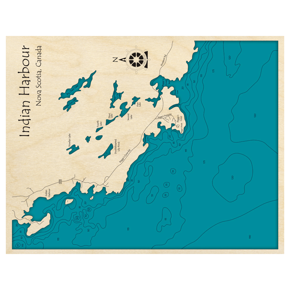Bathymetric topo map of Indian Harbour, NS with roads, towns and depths noted in blue water.