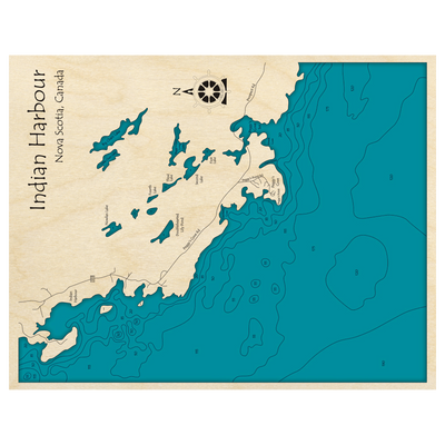 Bathymetric topo map of Indian Harbour, NS with roads, towns and depths noted in blue water.