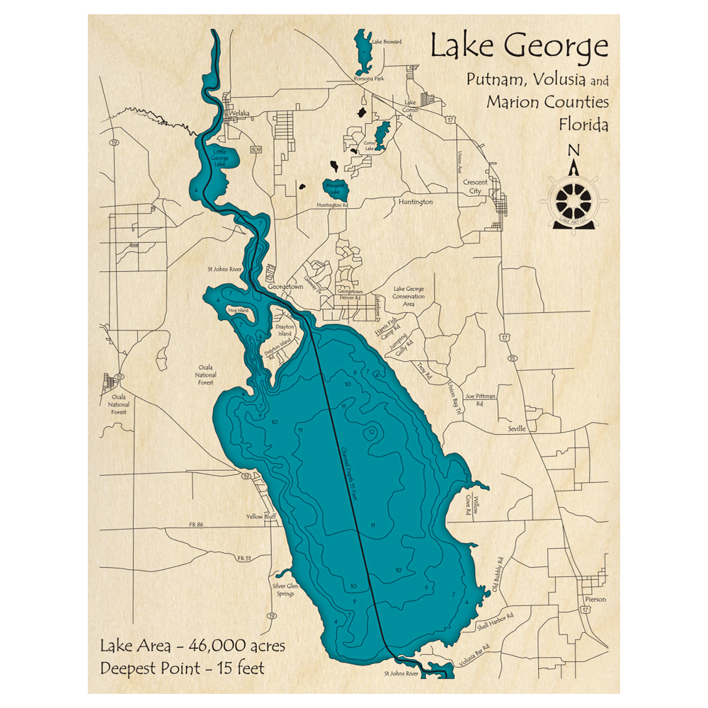 Bathymetric topo map of Lake George, FL with roads, towns and depths noted in blue water.