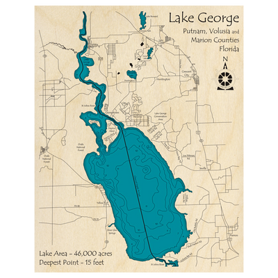 Bathymetric topo map of Lake George, FL with roads, towns and depths noted in blue water.