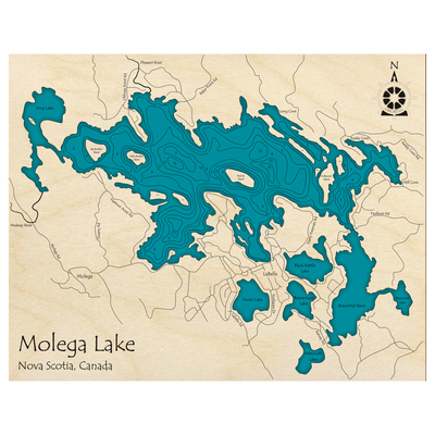 Bathymetric topo map of Molega Lake, NS with roads, towns and depths noted in blue water.