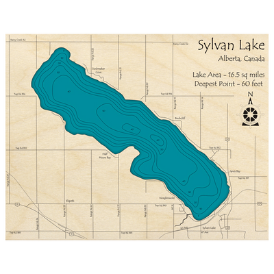 Bathymetric topo map of Sylvan Lake, AB with roads, towns and depths noted in blue water.