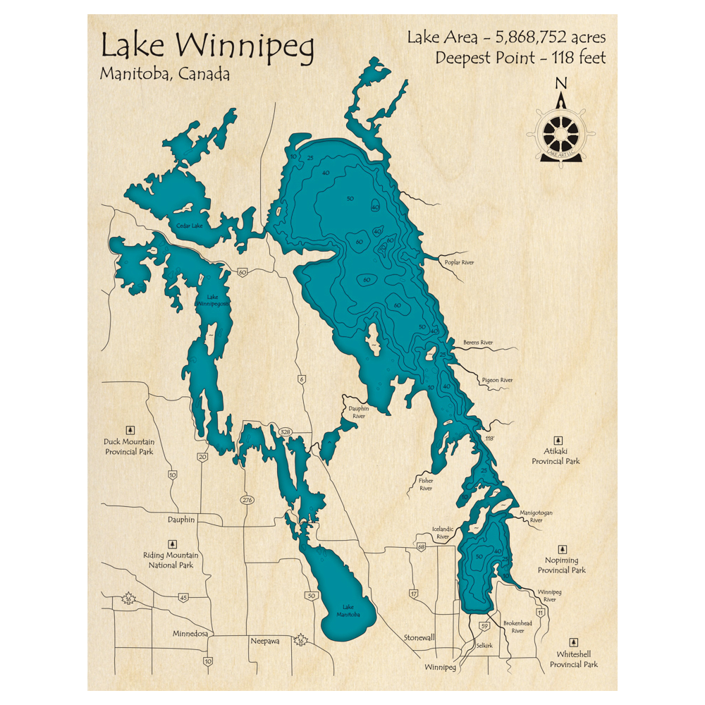 Bathymetric topo map of Lake Winnipeg, MB with roads, towns and depths noted in blue water.