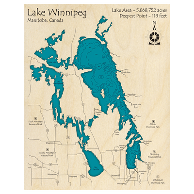 Bathymetric topo map of Lake Winnipeg, MB with roads, towns and depths noted in blue water.