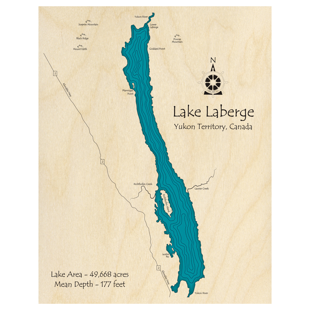 Bathymetric topo map of Lake Laberge, YK with roads, towns and depths noted in blue water.
