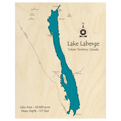Bathymetric topo map of Lake Laberge, YK with roads, towns and depths noted in blue water.