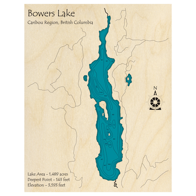 Bathymetric topo map of Bowers Lake, BC with roads, towns and depths noted in blue water.
