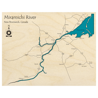 Bathymetric topo map of Miramichi River, NB with roads, towns and depths noted in blue water.