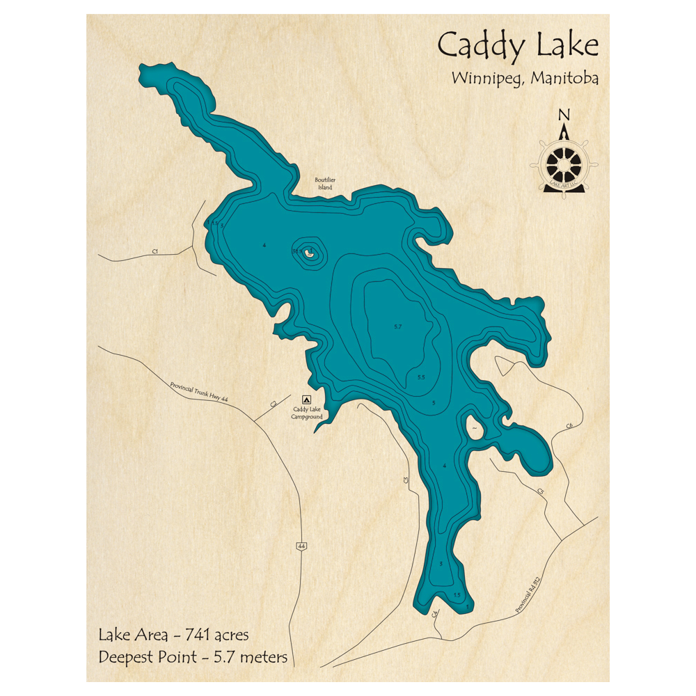 Bathymetric topo map of Caddy Lake, MB with roads, towns and depths noted in blue water.