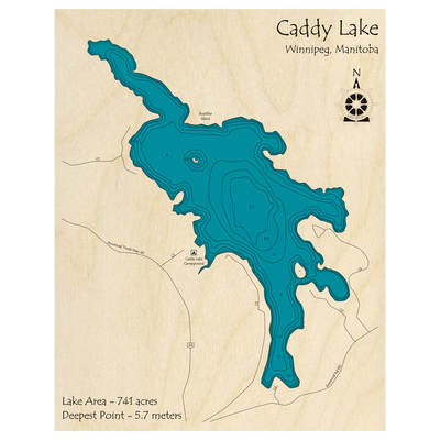 Bathymetric topo map of Caddy Lake, MB with roads, towns and depths noted in blue water.