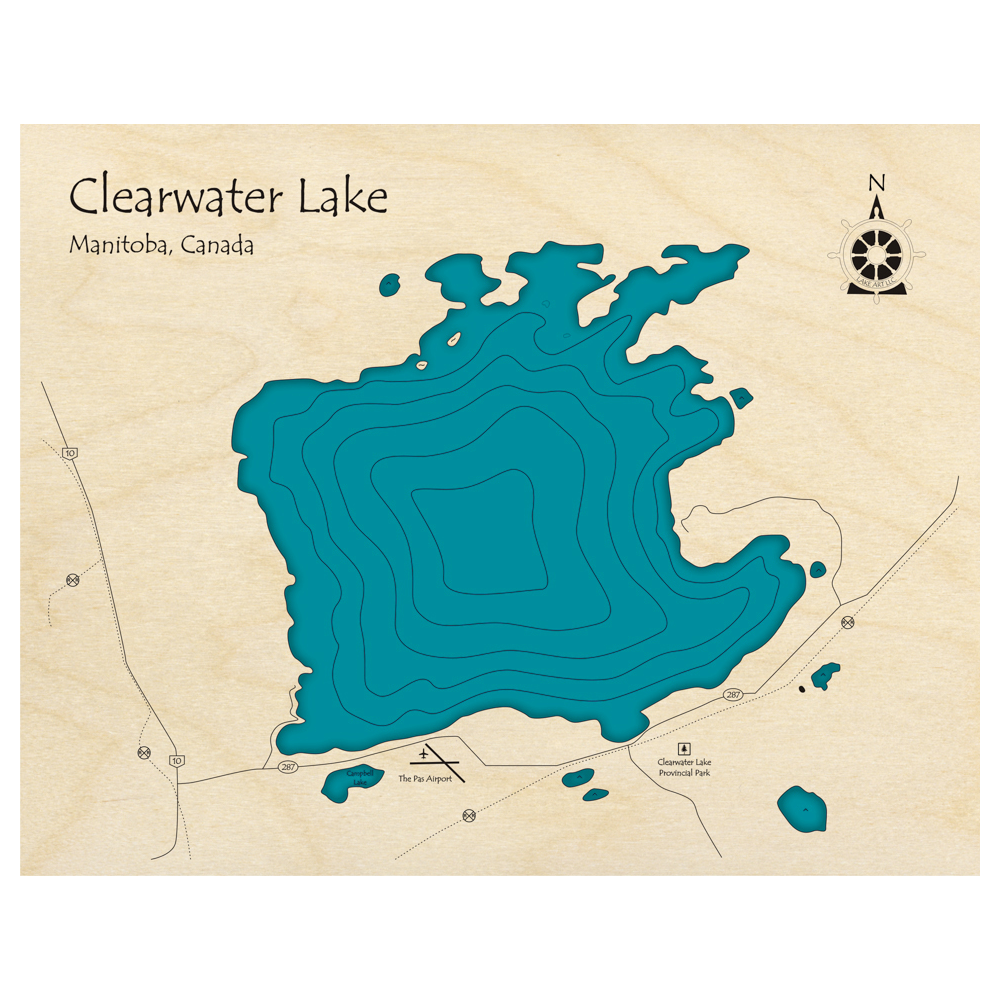 Bathymetric topo map of Clearwater Lake, MB with roads, towns and depths noted in blue water.
