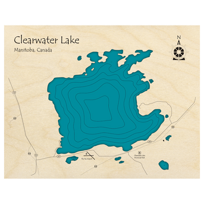 Bathymetric topo map of Clearwater Lake, MB with roads, towns and depths noted in blue water.
