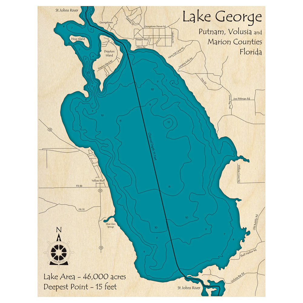 Bathymetric topo map of Lake George, FL with roads, towns and depths noted in blue water.