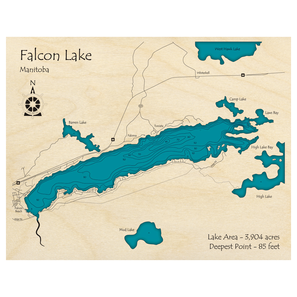 Bathymetric topo map of Falcon Lake, MB with roads, towns and depths noted in blue water.