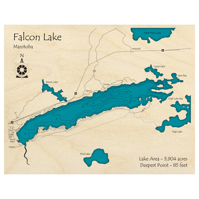 Bathymetric topo map of Falcon Lake, MB with roads, towns and depths noted in blue water.