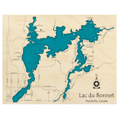 Bathymetric topo map of Lac du Bonnet, MB with roads, towns and depths noted in blue water.