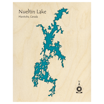 Bathymetric topo map of Nueltin Lake, MB with roads, towns and depths noted in blue water.