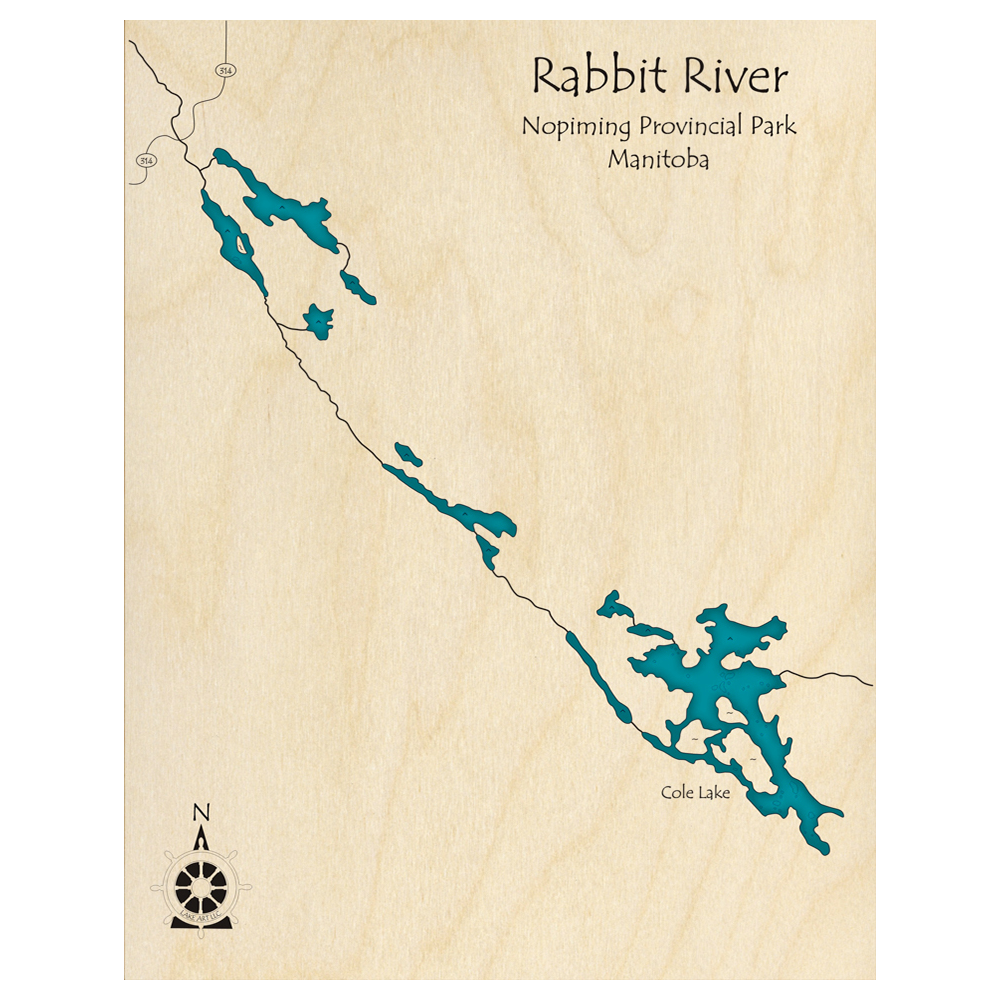 Bathymetric topo map of Rabbit River, MB with roads, towns and depths noted in blue water.