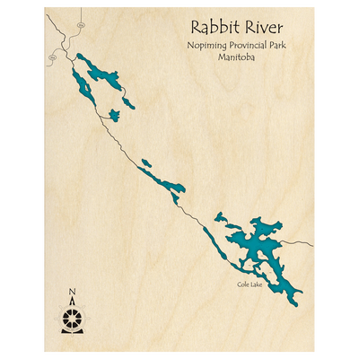 Bathymetric topo map of Rabbit River, MB with roads, towns and depths noted in blue water.