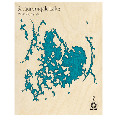 Bathymetric topo map of Sasaginnigak Lake, MB with roads, towns and depths noted in blue water.