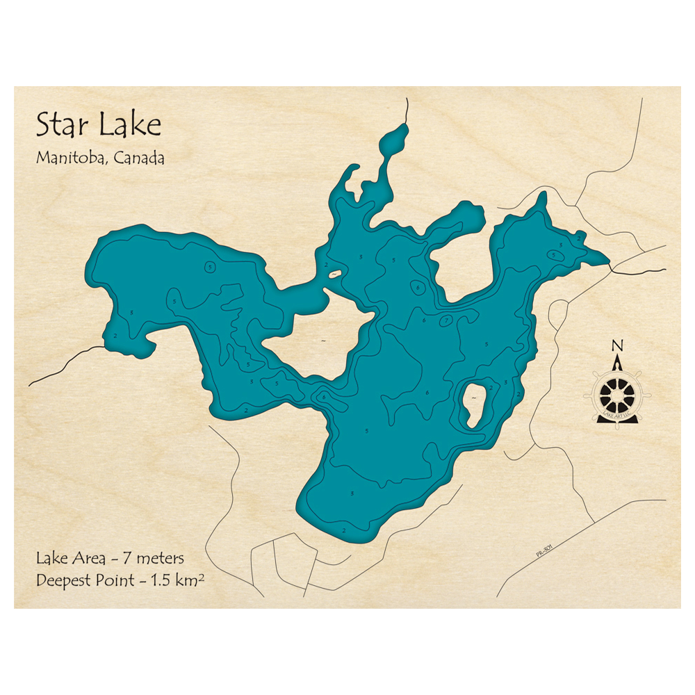 Bathymetric topo map of Star Lake, MB with roads, towns and depths noted in blue water.