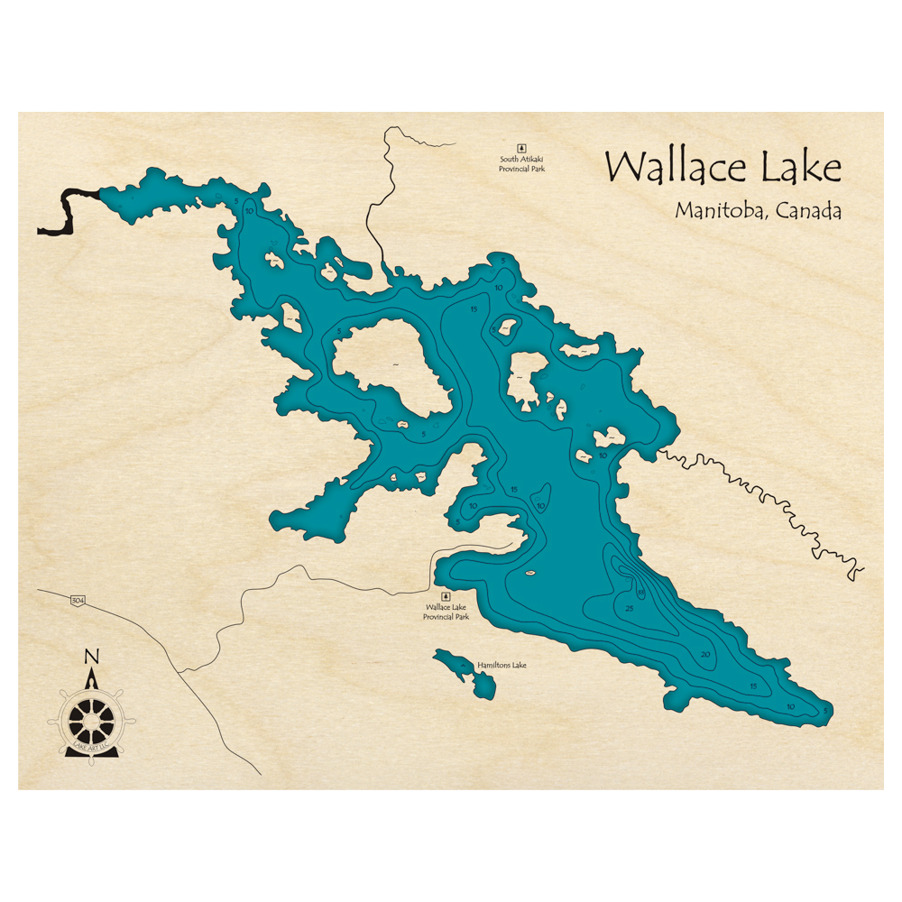 Bathymetric topo map of Wallace Lake, MB with roads, towns and depths noted in blue water.