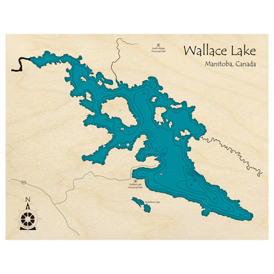 Bathymetric topo map of Wallace Lake, MB with roads, towns and depths noted in blue water.