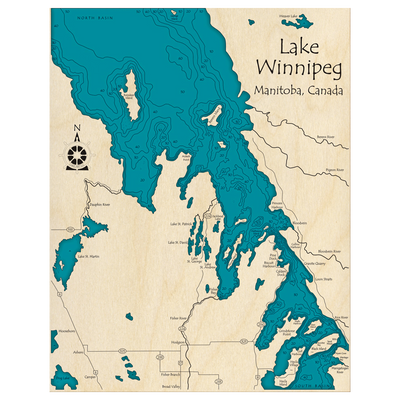 Bathymetric topo map of Lake Winnipeg, MB with roads, towns and depths noted in blue water.